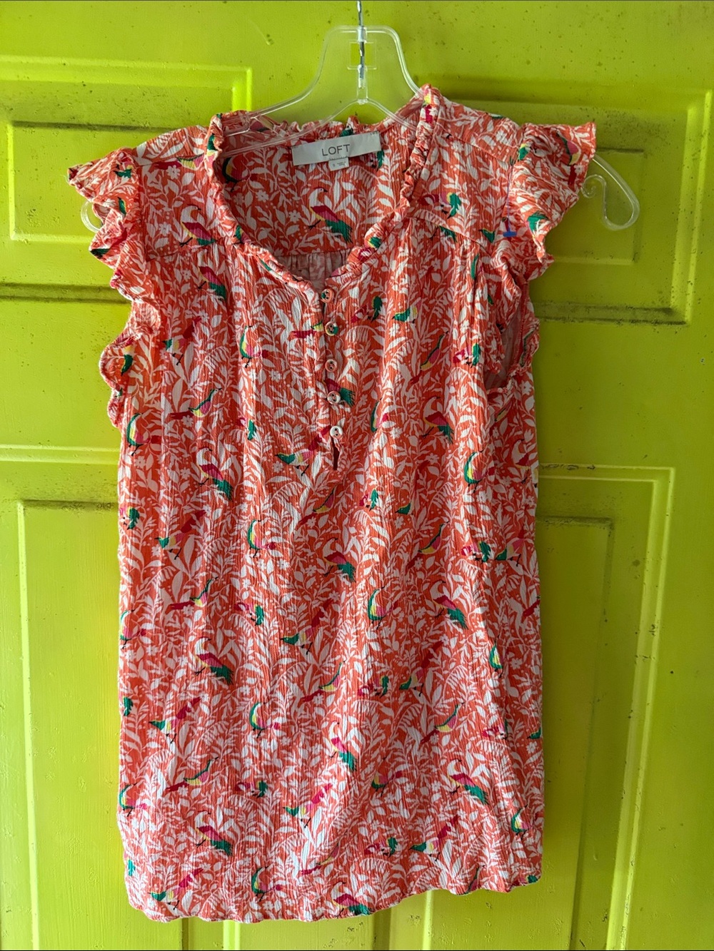 LOFT Coral Floral Ruffle Sleeve Blouse